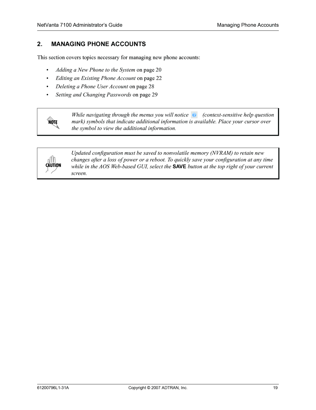 ADTRAN 7100 manual Managing Phone Accounts 