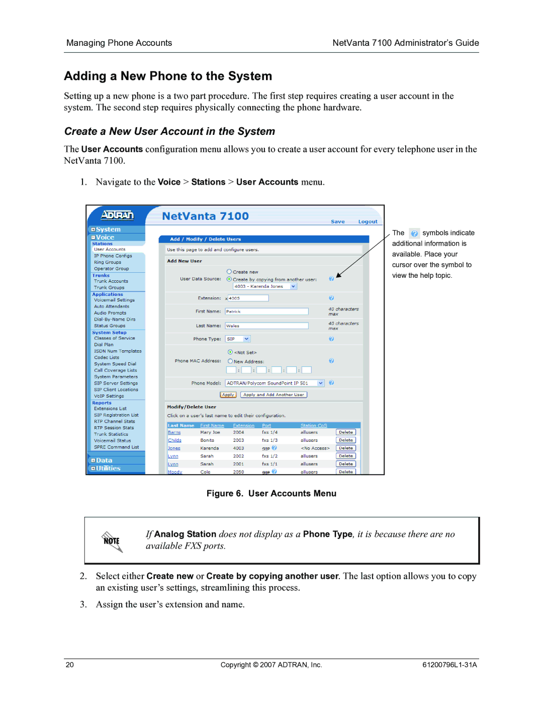 ADTRAN 7100 manual Adding a New Phone to the System, Create a New User Account in the System 