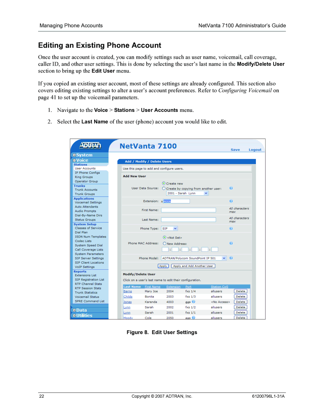 ADTRAN 7100 manual Editing an Existing Phone Account, Edit User Settings 