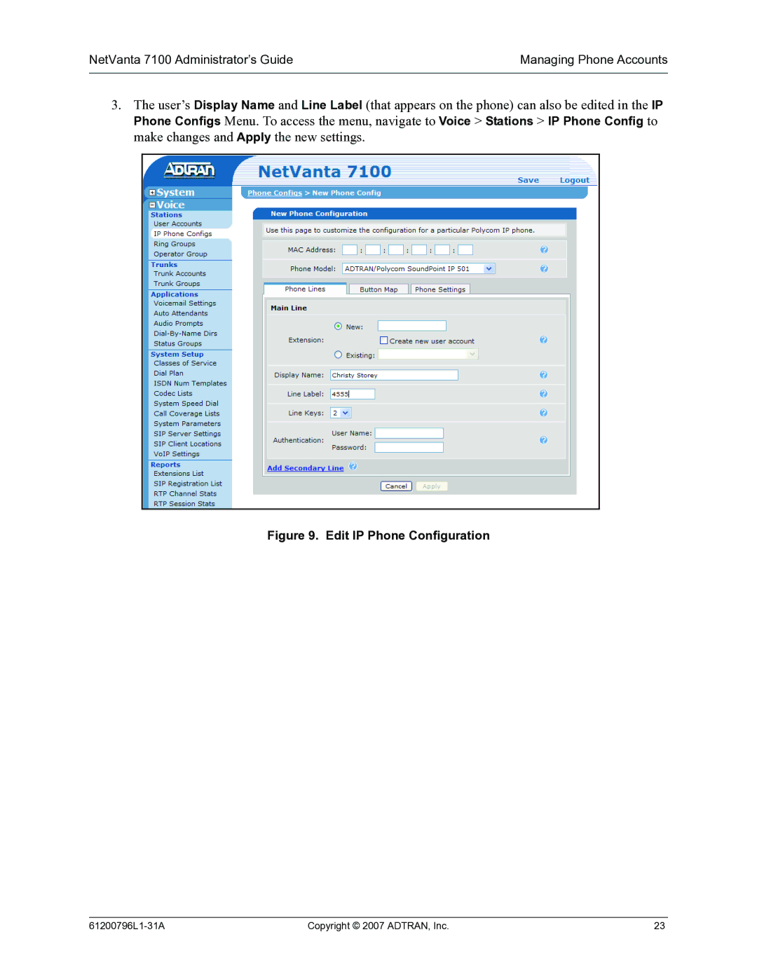 ADTRAN 7100 manual Edit IP Phone Configuration 