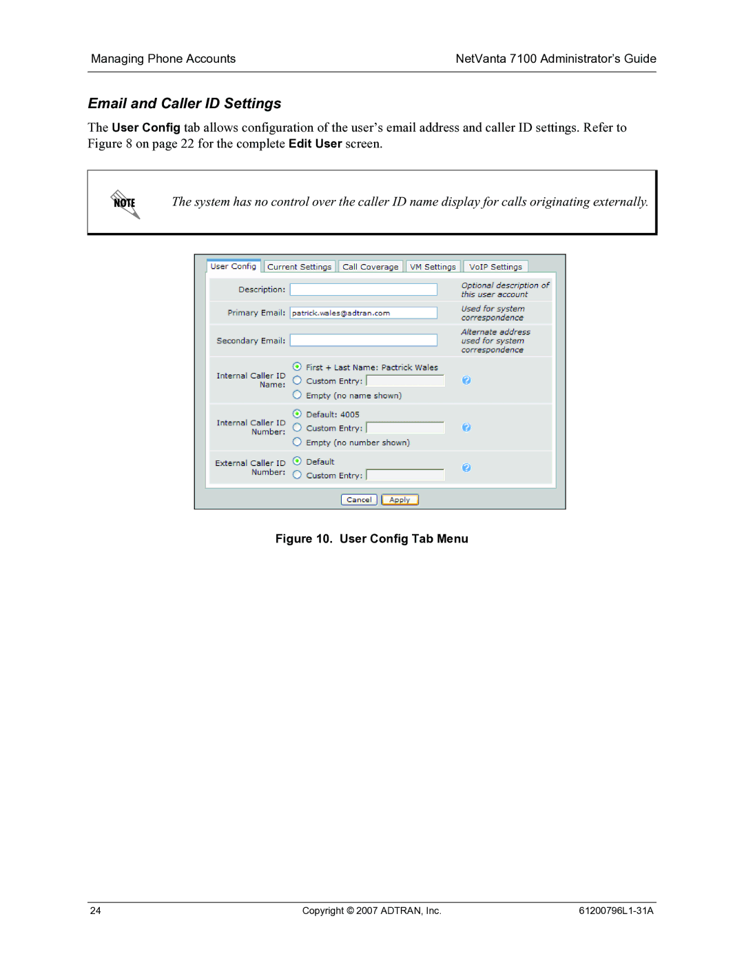 ADTRAN 7100 manual Email and Caller ID Settings, User Config Tab Menu 