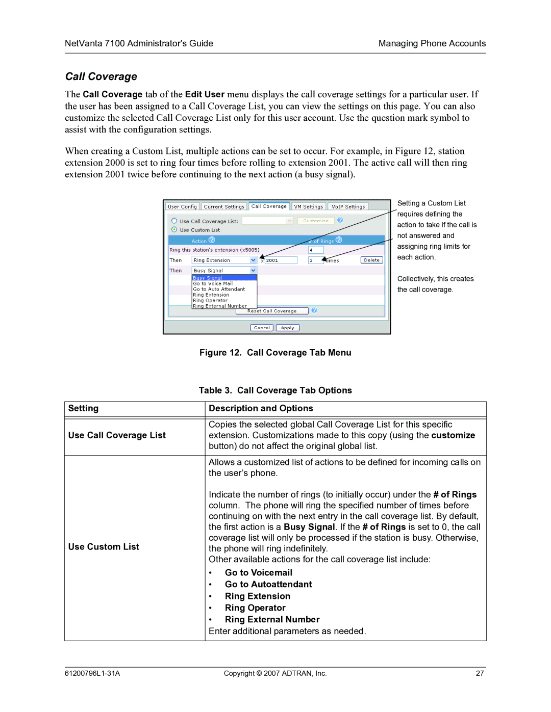 ADTRAN 7100 manual Call Coverage 