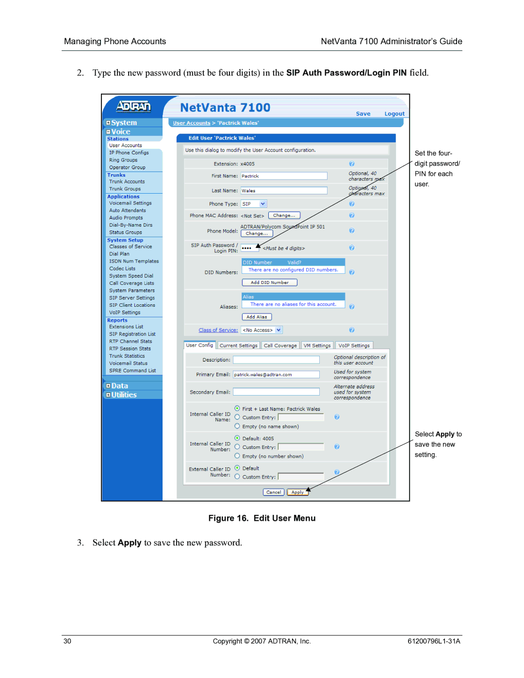 ADTRAN 7100 manual Select Apply to save the new password 