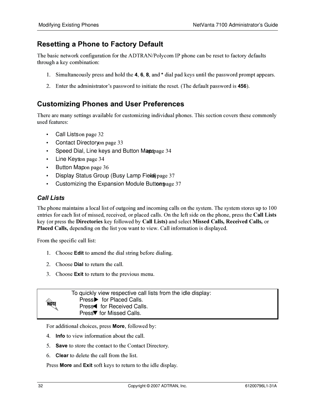 ADTRAN 7100 manual Resetting a Phone to Factory Default, Customizing Phones and User Preferences, Call Lists 