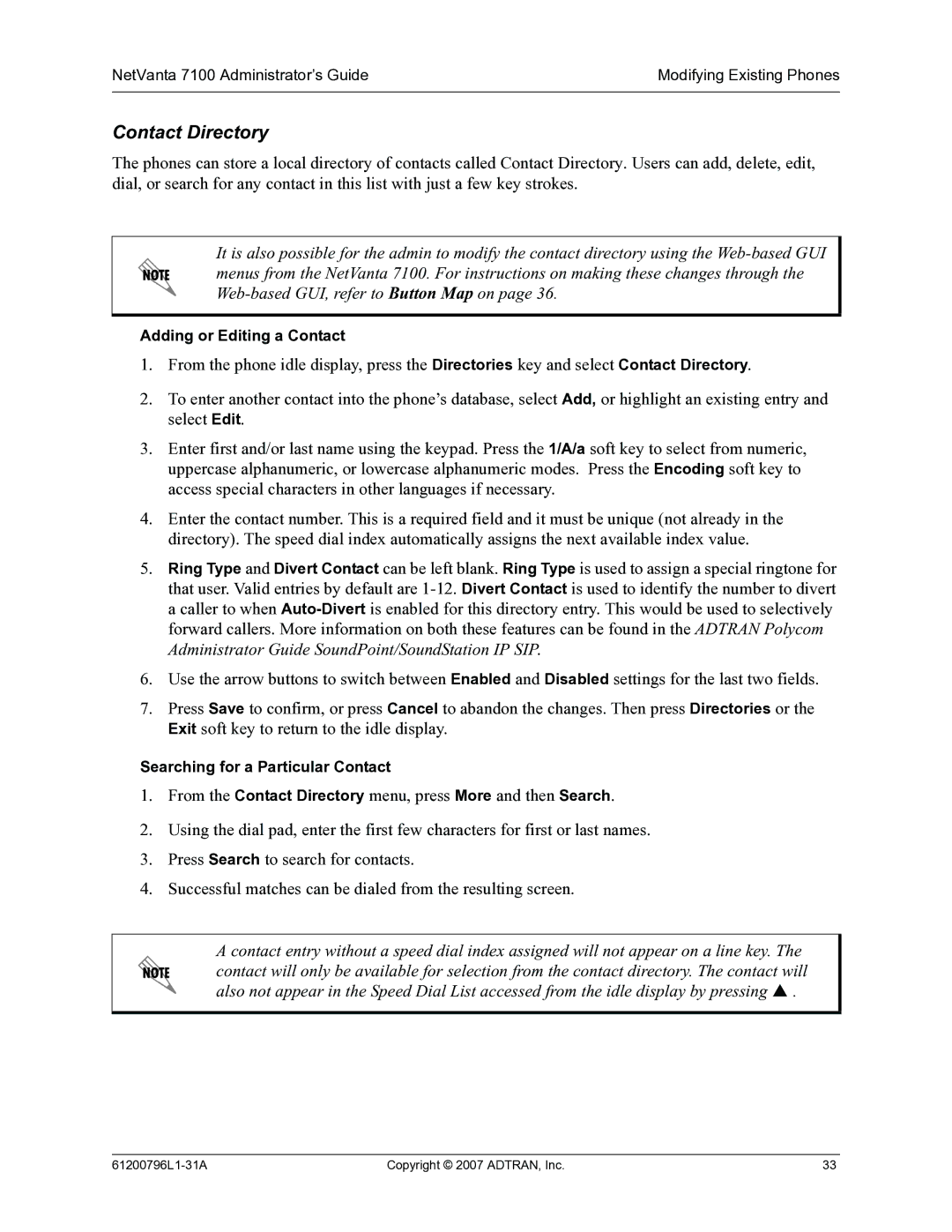 ADTRAN 7100 manual Contact Directory, Adding or Editing a Contact, Searching for a Particular Contact 