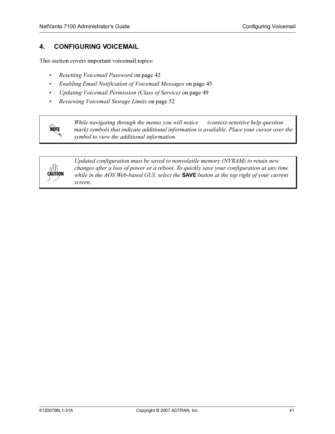 ADTRAN 7100 manual Configuring Voicemail 