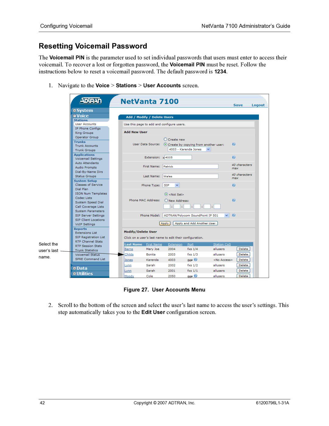 ADTRAN 7100 manual Resetting Voicemail Password, Navigate to the Voice Stations User Accounts screen 