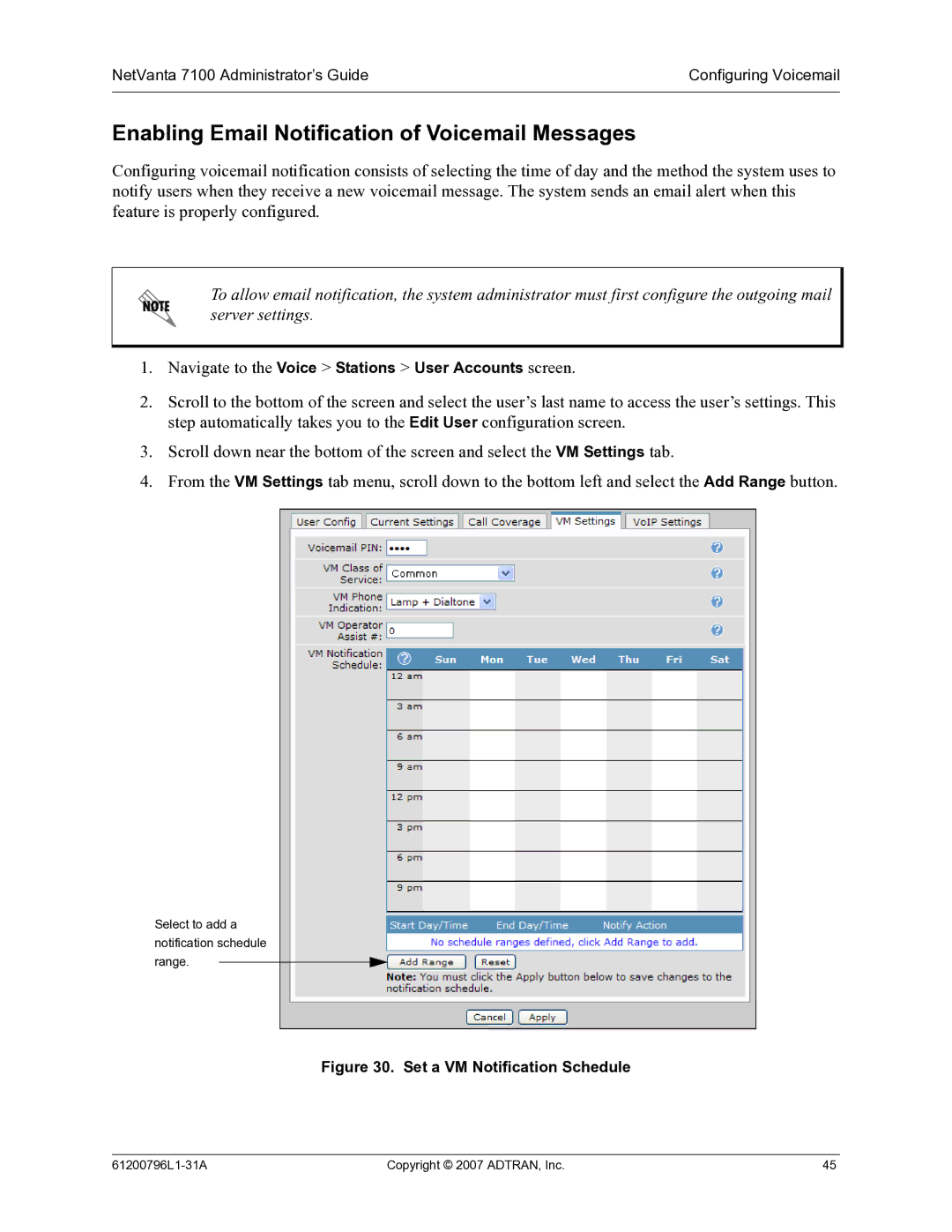 ADTRAN 7100 manual Enabling Email Notification of Voicemail Messages, Set a VM Notification Schedule 