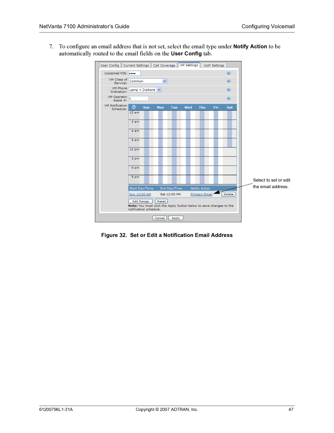 ADTRAN 7100 manual Set or Edit a Notification Email Address 