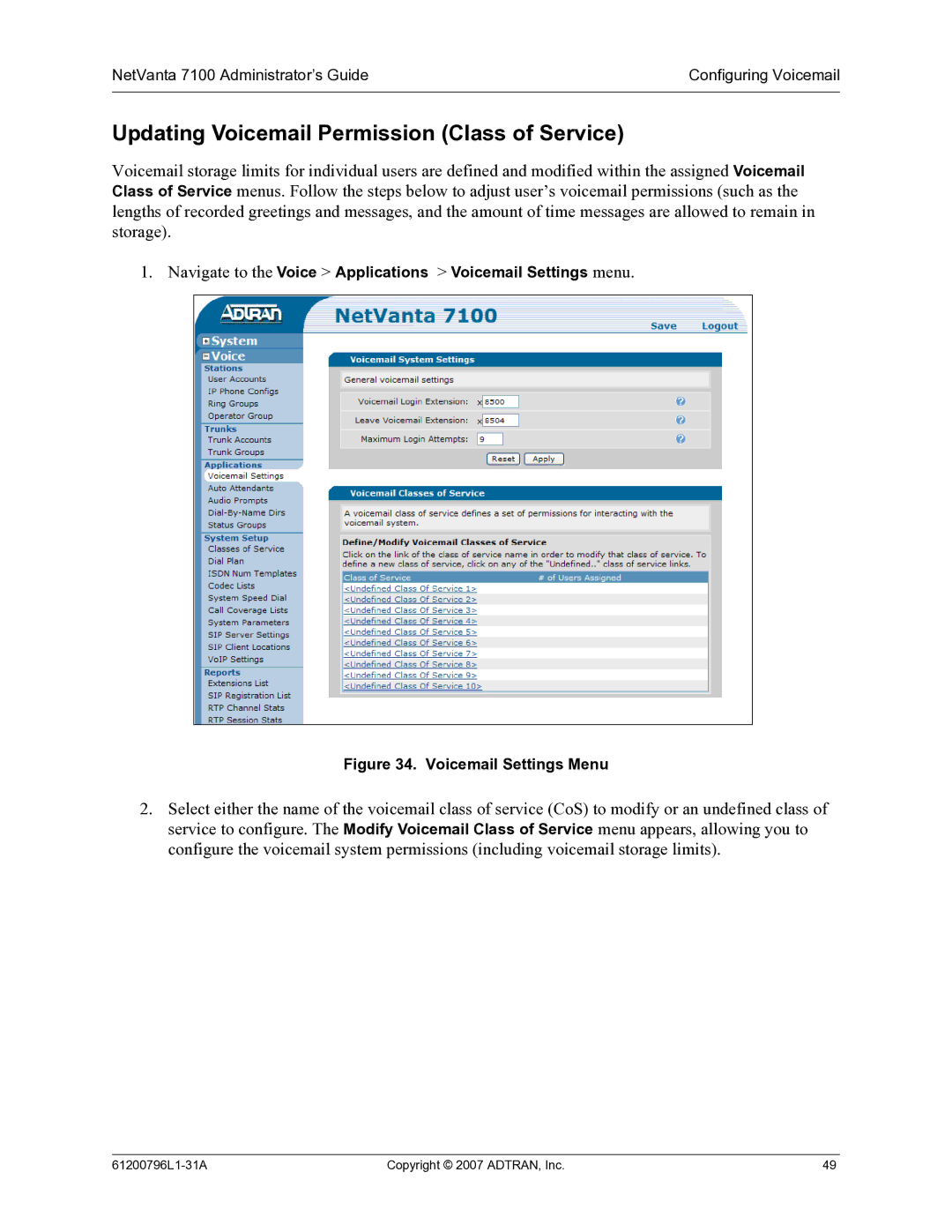 ADTRAN 7100 Updating Voicemail Permission Class of Service, Navigate to the Voice Applications Voicemail Settings menu 