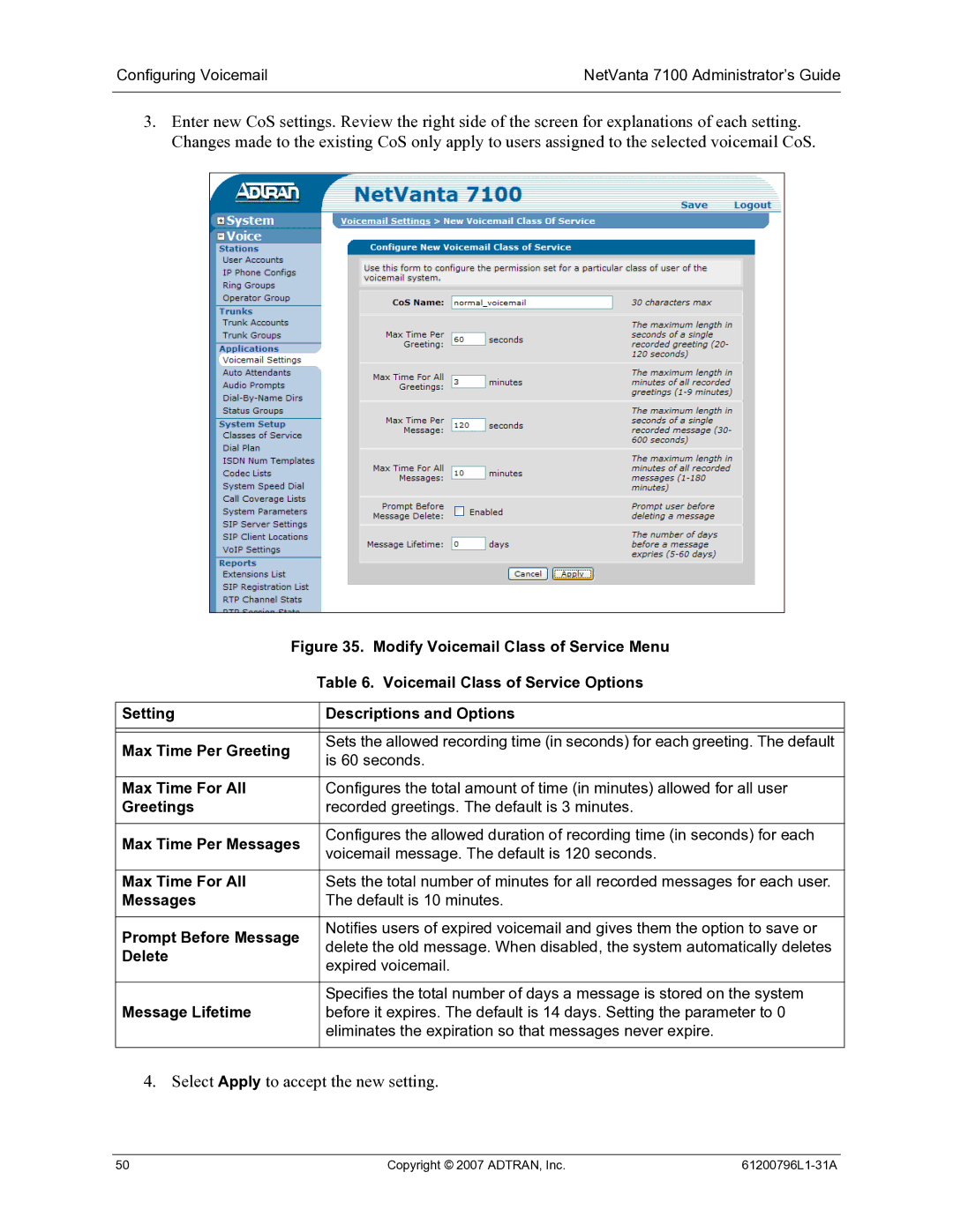 ADTRAN 7100 Voicemail Class of Service Options, Setting Descriptions and Options Max Time Per Greeting, Max Time For All 