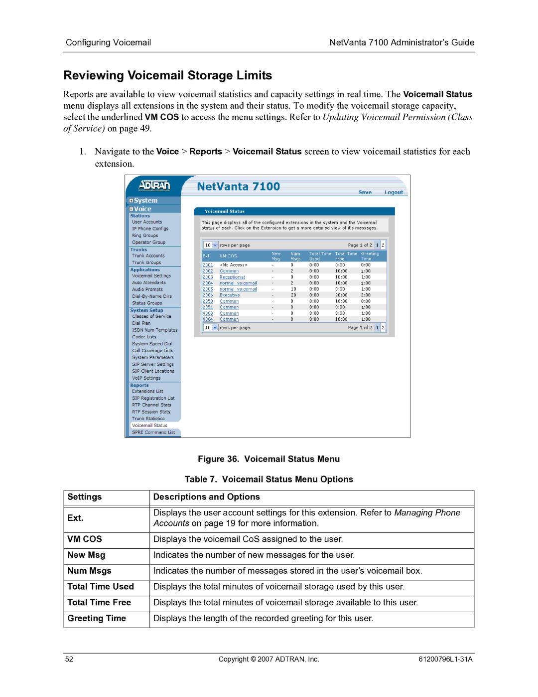 ADTRAN 7100 manual Reviewing Voicemail Storage Limits 