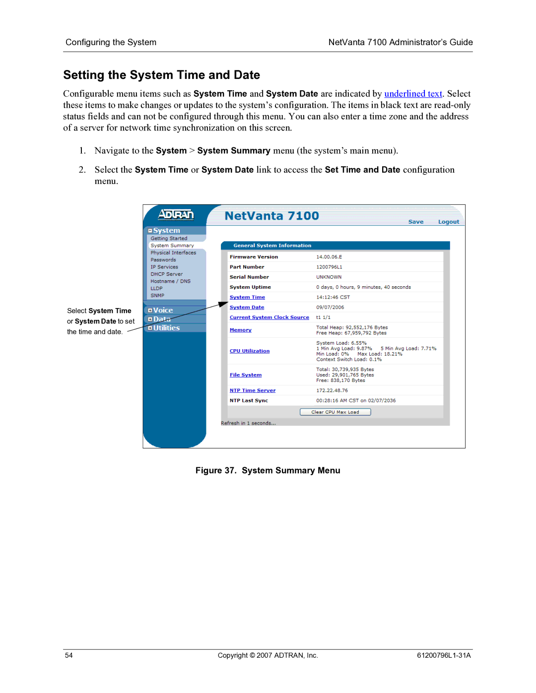 ADTRAN 7100 manual Setting the System Time and Date, System Summary Menu 