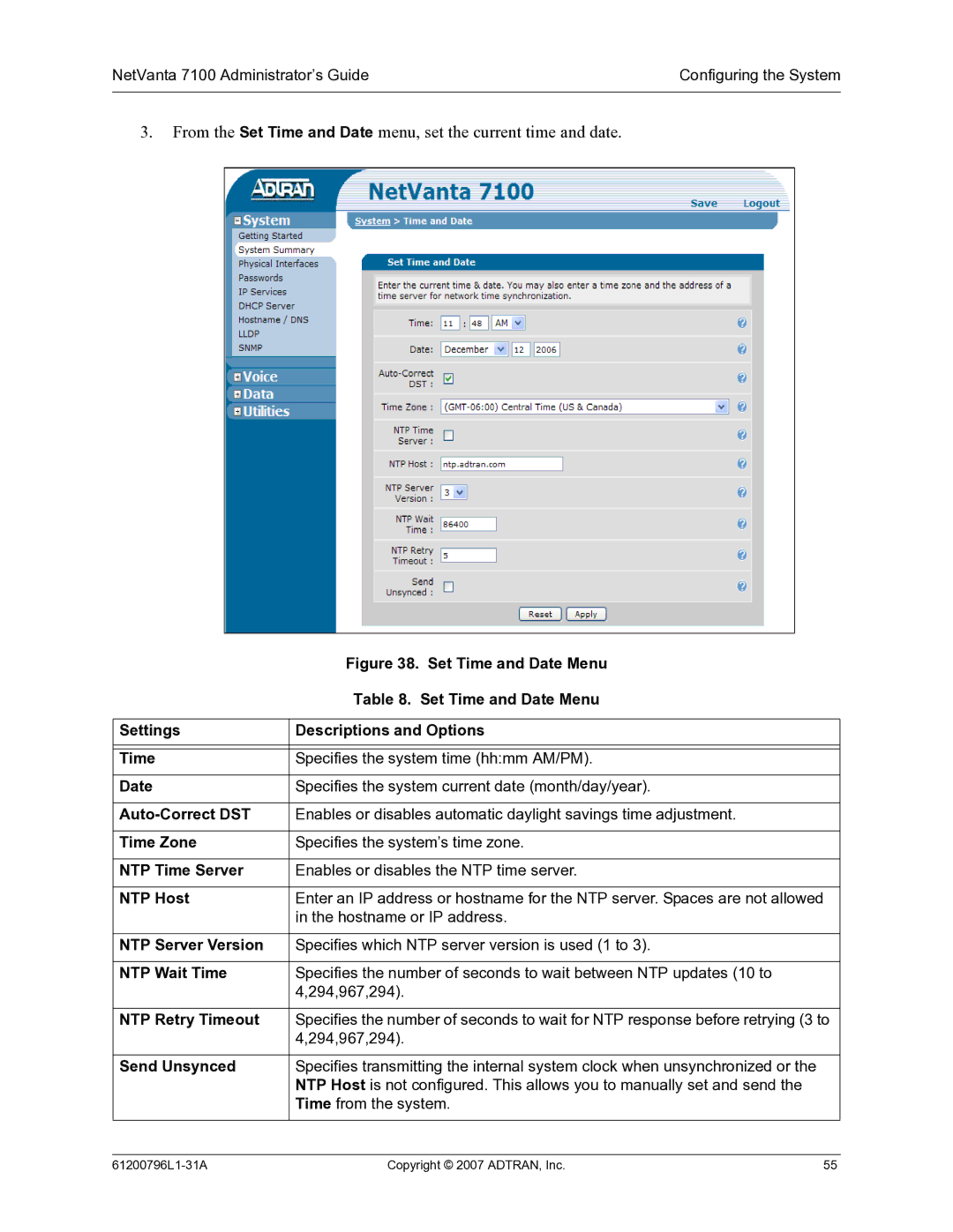 ADTRAN 7100 manual Set Time and Date Menu 