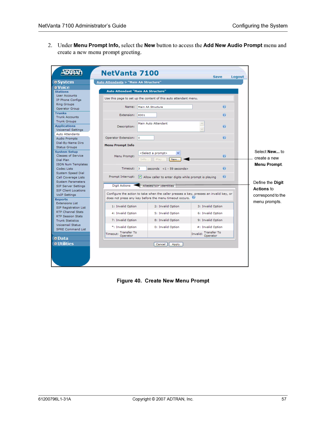 ADTRAN 7100 manual Create New Menu Prompt 