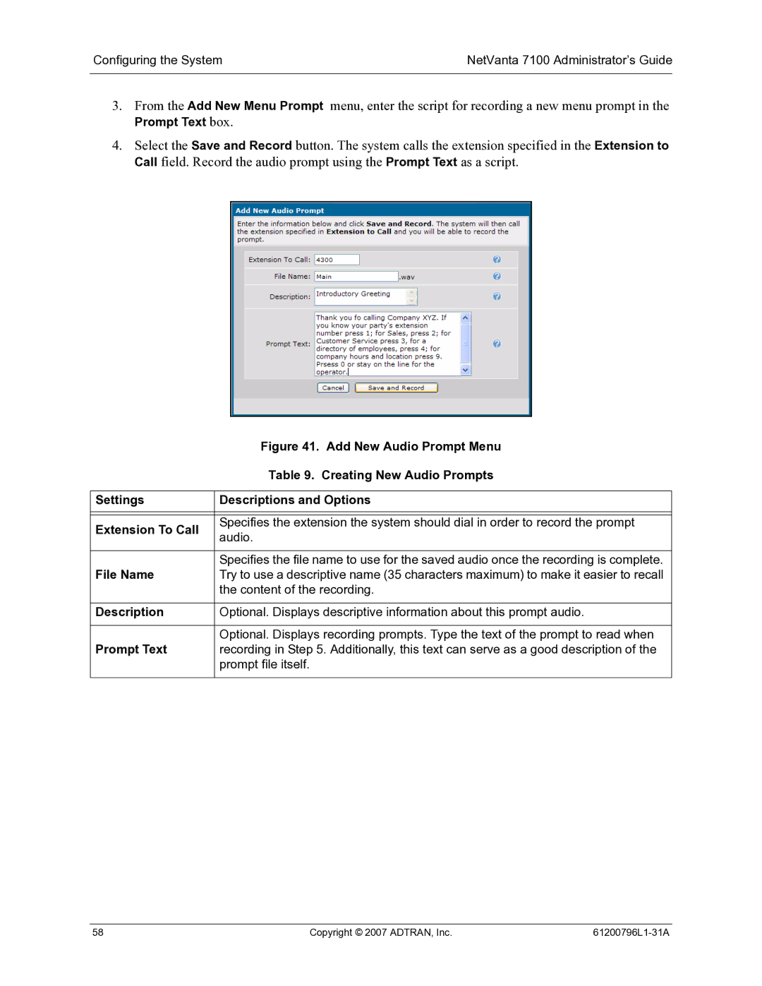 ADTRAN 7100 Prompt Text box, Creating New Audio Prompts, Settings Descriptions and Options Extension To Call, File Name 