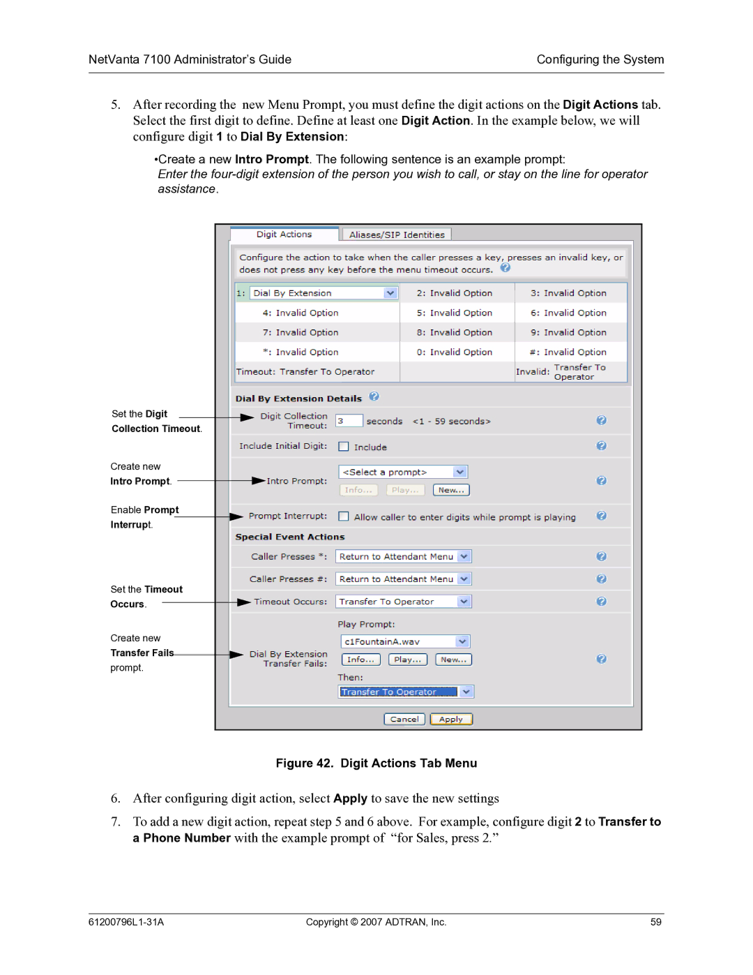 ADTRAN 7100 manual Digit Actions Tab Menu 