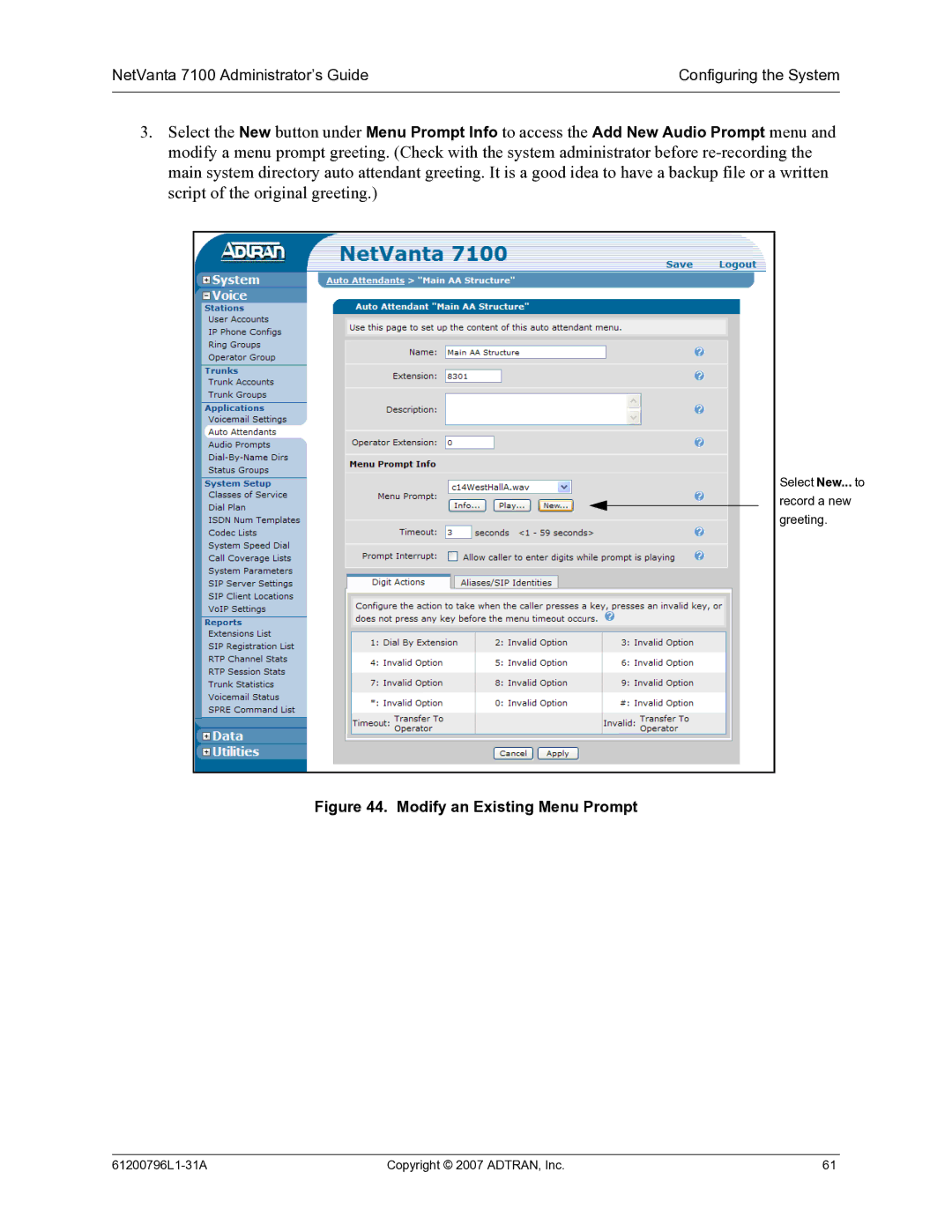 ADTRAN 7100 manual Modify an Existing Menu Prompt 