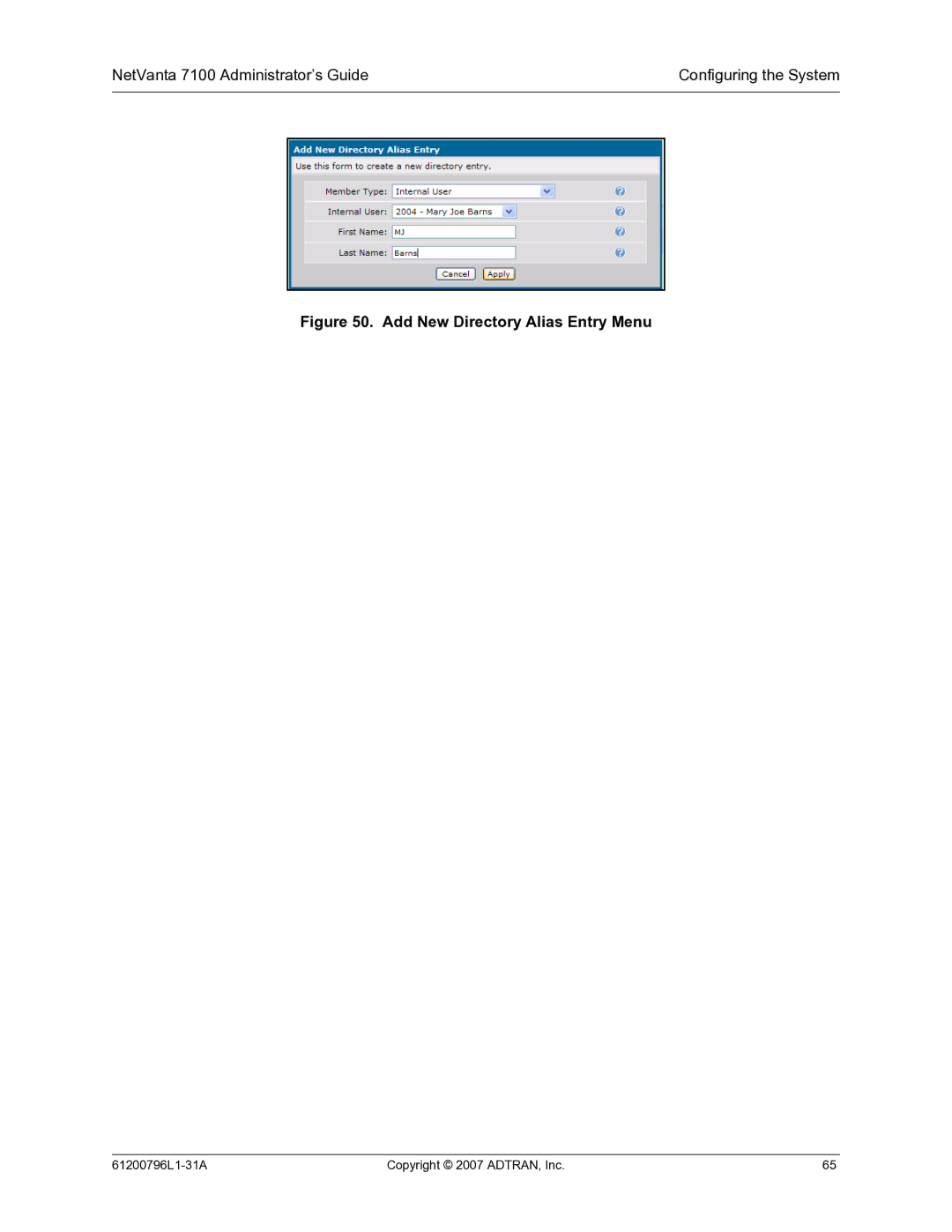 ADTRAN 7100 manual Add New Directory Alias Entry Menu 