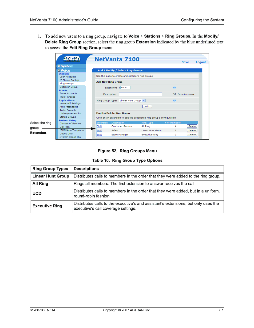 ADTRAN 7100 manual Ring Group Type Options, Round-robin fashion 