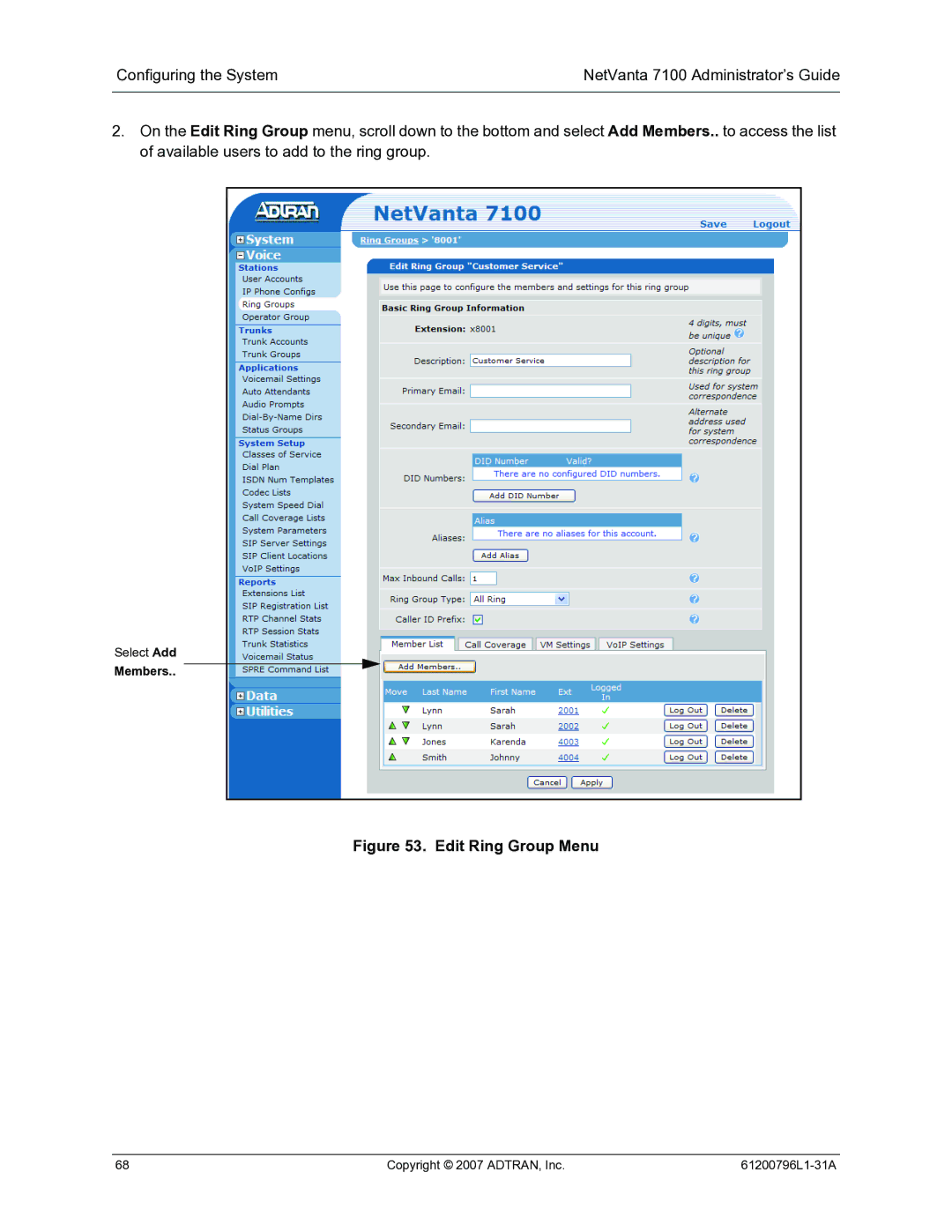 ADTRAN 7100 manual Edit Ring Group Menu 