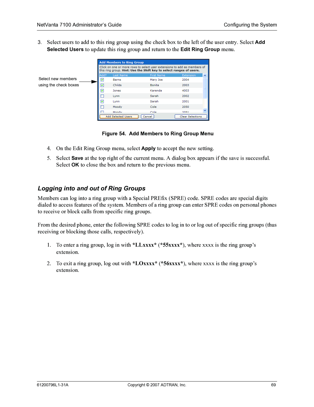 ADTRAN 7100 manual Logging into and out of Ring Groups, Add Members to Ring Group Menu 