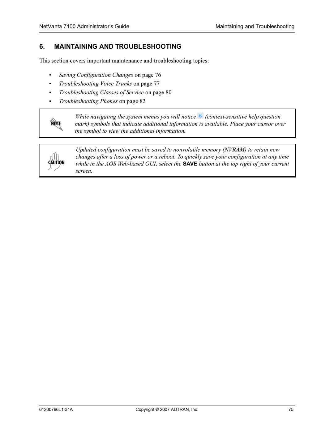 ADTRAN 7100 manual Maintaining and Troubleshooting 