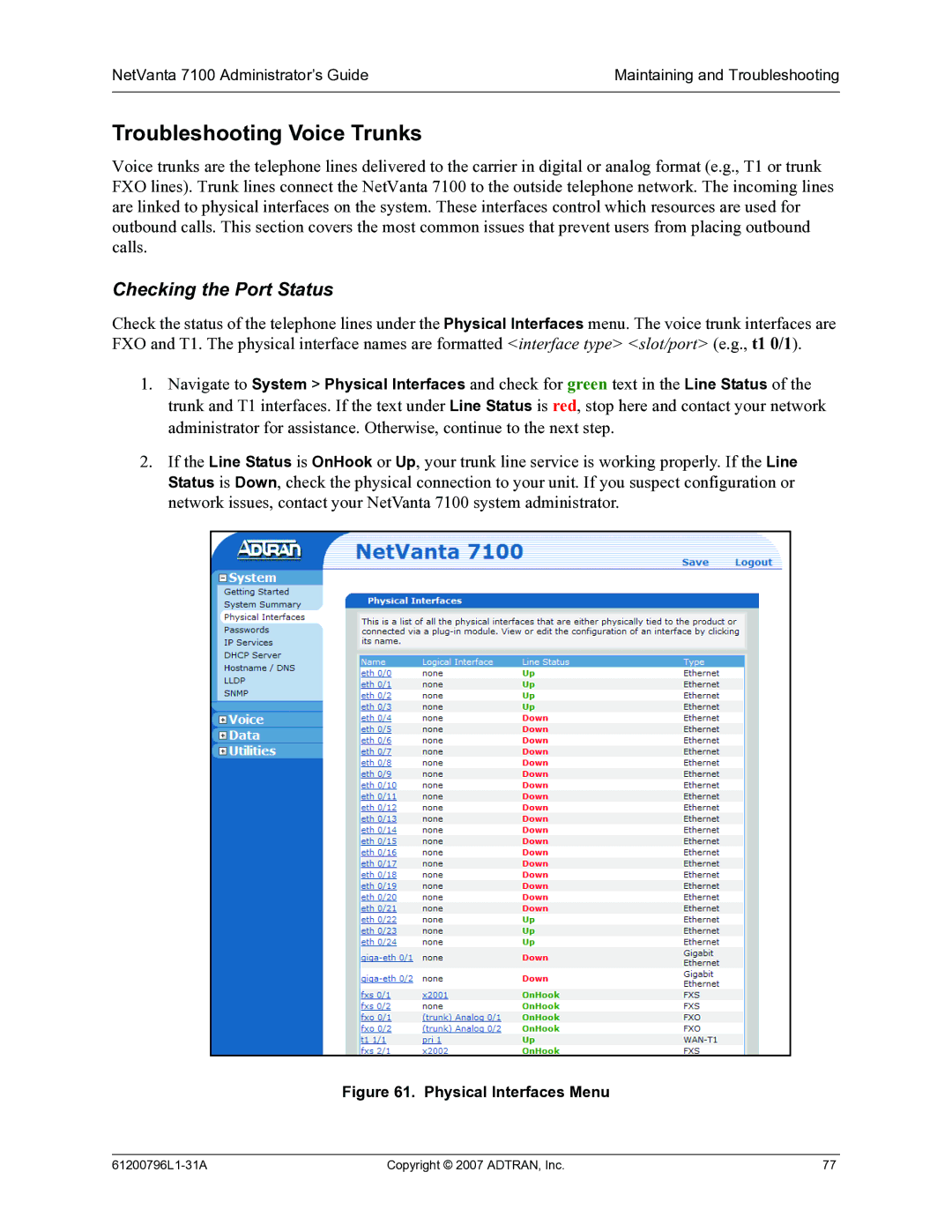 ADTRAN 7100 manual Troubleshooting Voice Trunks, Checking the Port Status 