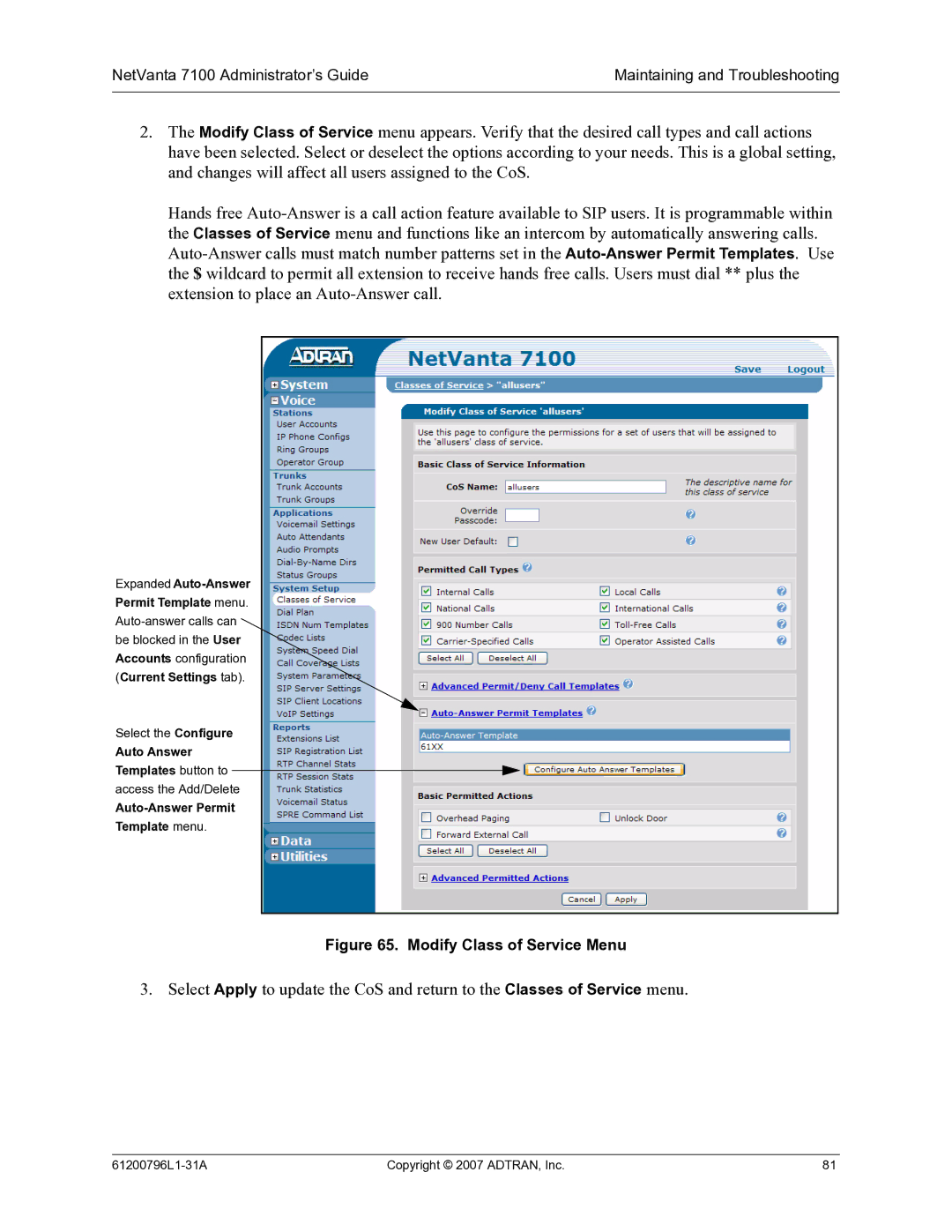 ADTRAN 7100 manual Modify Class of Service Menu 