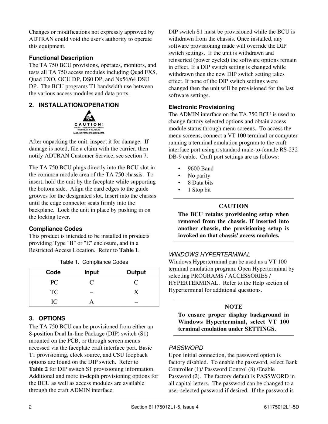 ADTRAN 750 specifications Installation/Operation, Options 