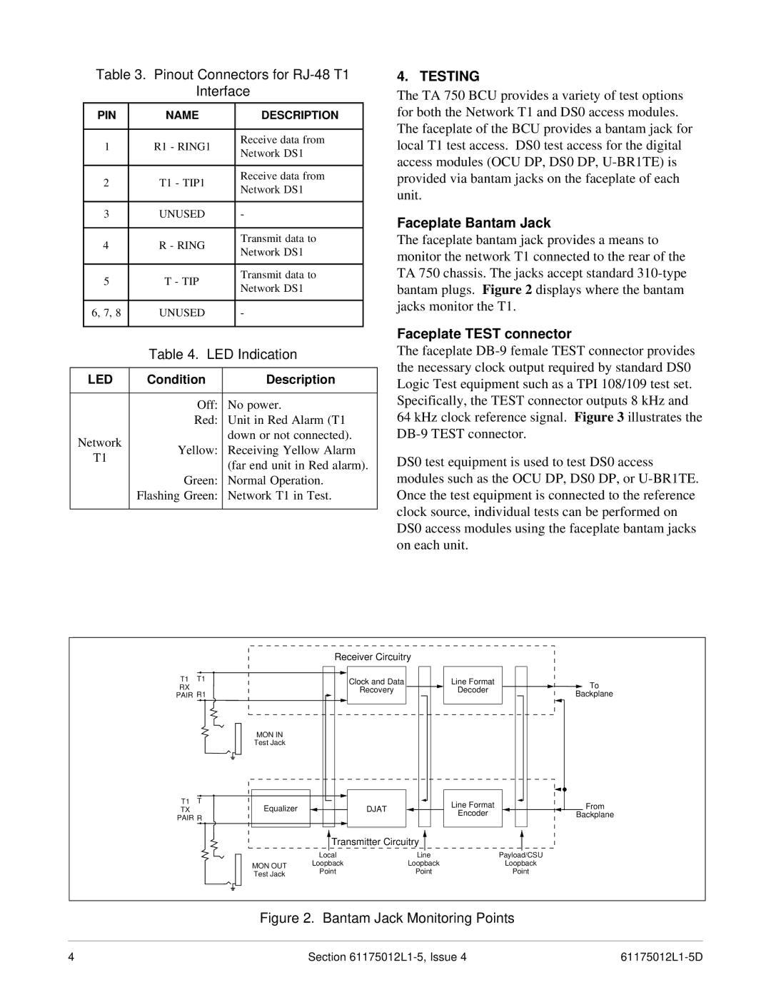 ADTRAN 750 specifications Pinout Connectors for RJ-48 T1 Interface, LED Indication, Testing, Faceplate Bantam Jack 