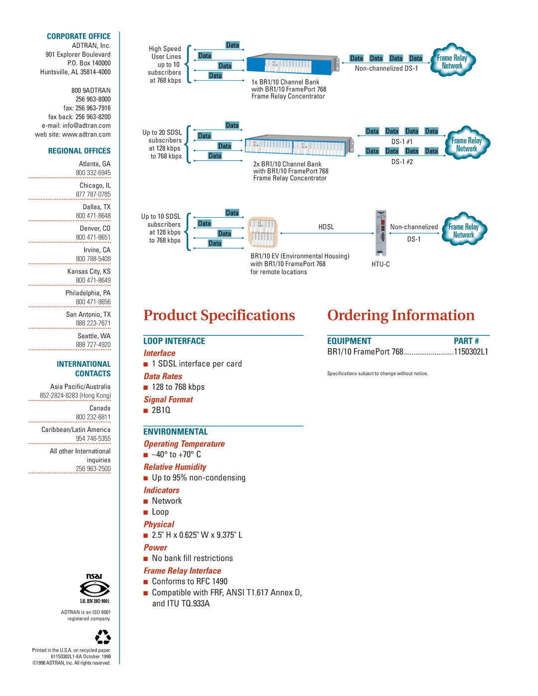 ADTRAN 768 manual Corporate Office, Regional Offices, International Contacts 