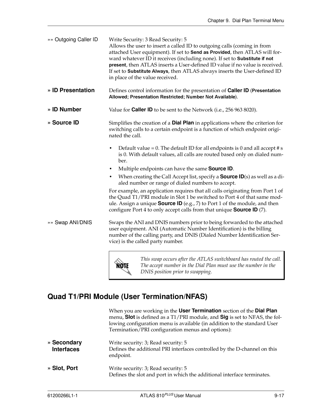 ADTRAN 810 Plus manual Quad T1/PRI Module User Termination/NFAS, » ID Number, » Source ID 