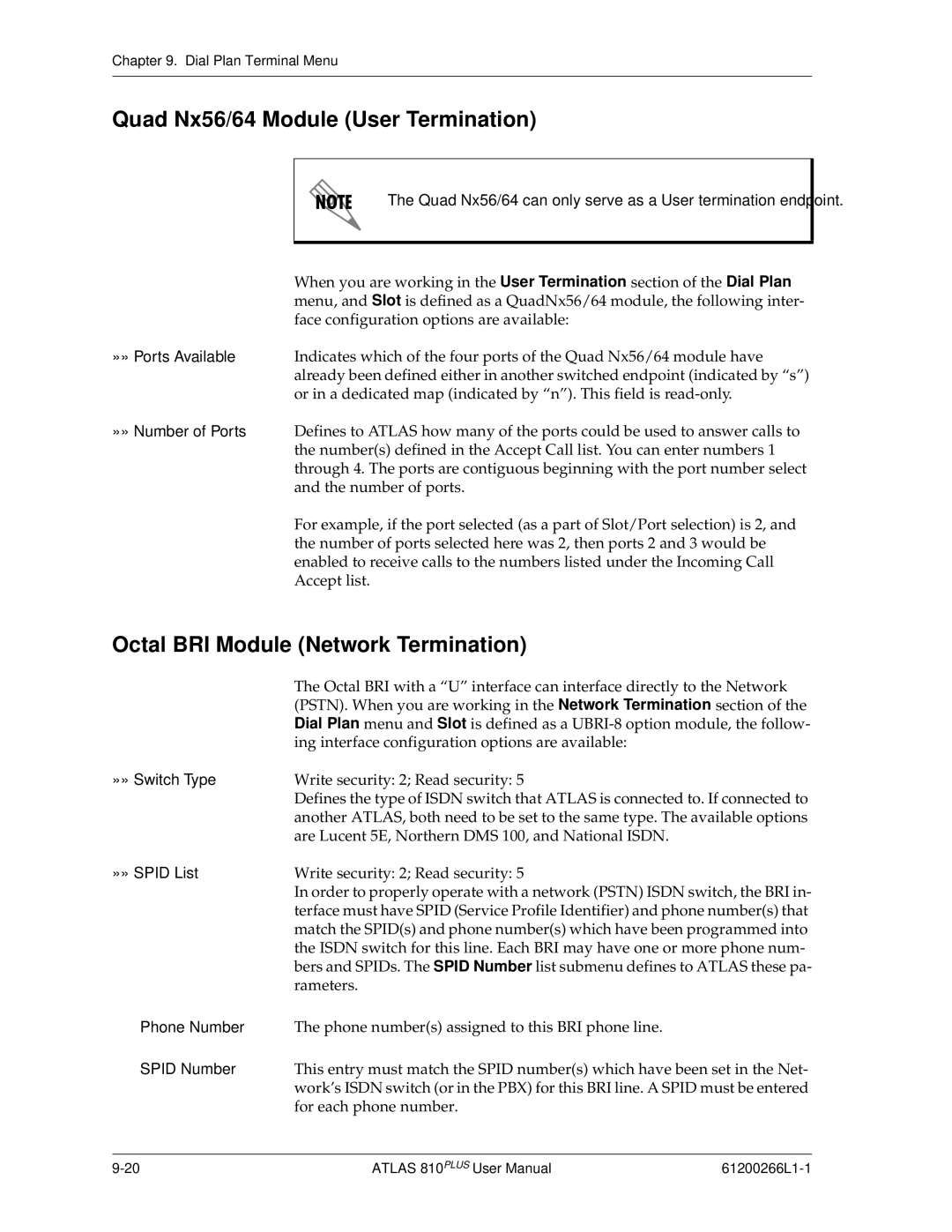 ADTRAN 810 Plus manual Quad Nx56/64 Module User Termination, Octal BRI Module Network Termination 