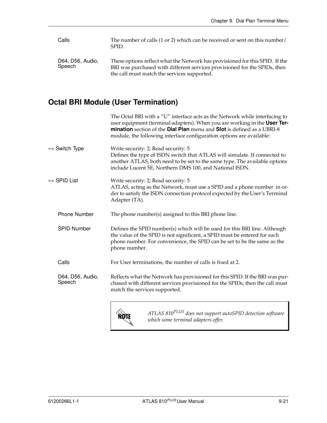 ADTRAN 810 Plus manual Octal BRI Module User Termination, Calls D64, D56, Audio, Speech 