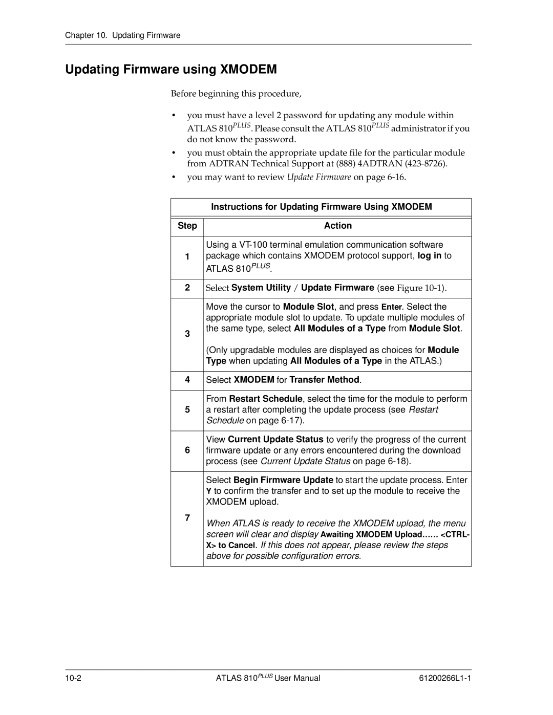 ADTRAN 810 Plus manual Updating Firmware using Xmodem, Instructions for Updating Firmware Using Xmodem 