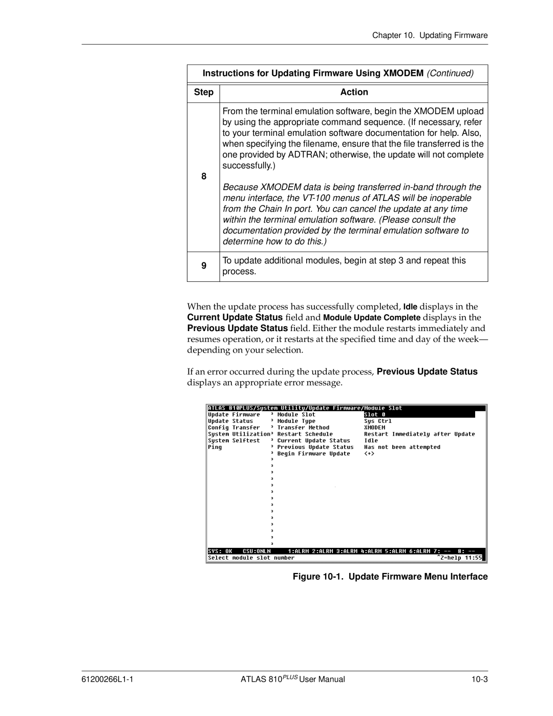 ADTRAN 810 Plus manual Instructions for Updating Firmware Using Xmodem Step Action, Successfully, Process 
