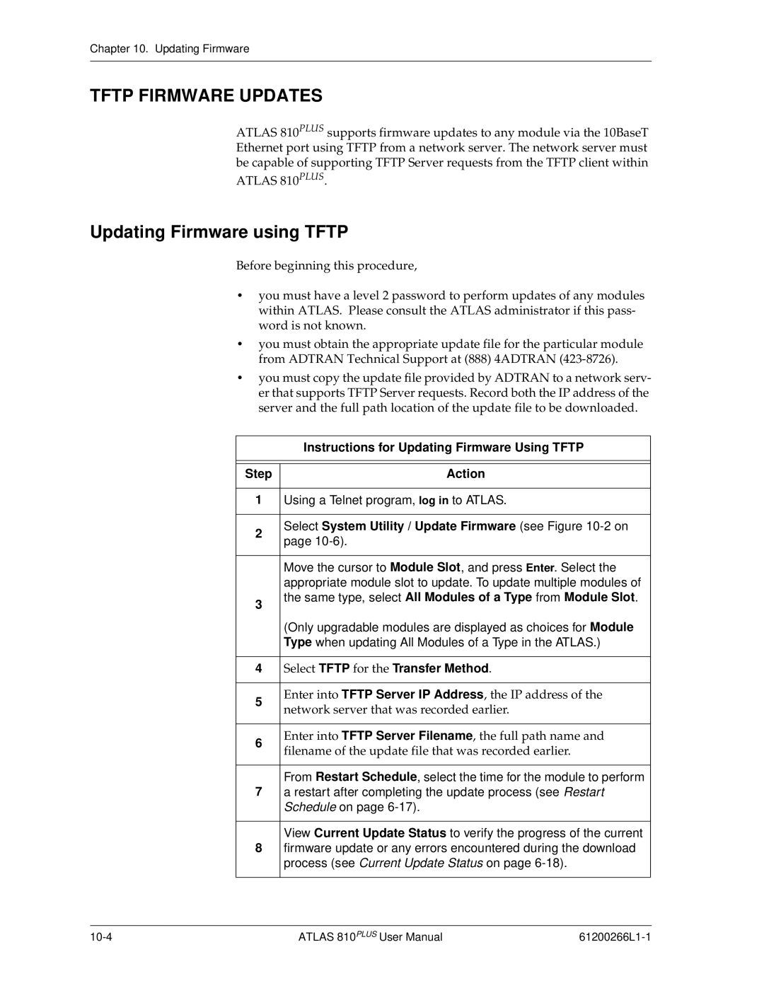 ADTRAN 810 Plus manual Tftp Firmware Updates, Updating Firmware using Tftp, Instructions for Updating Firmware Using Tftp 