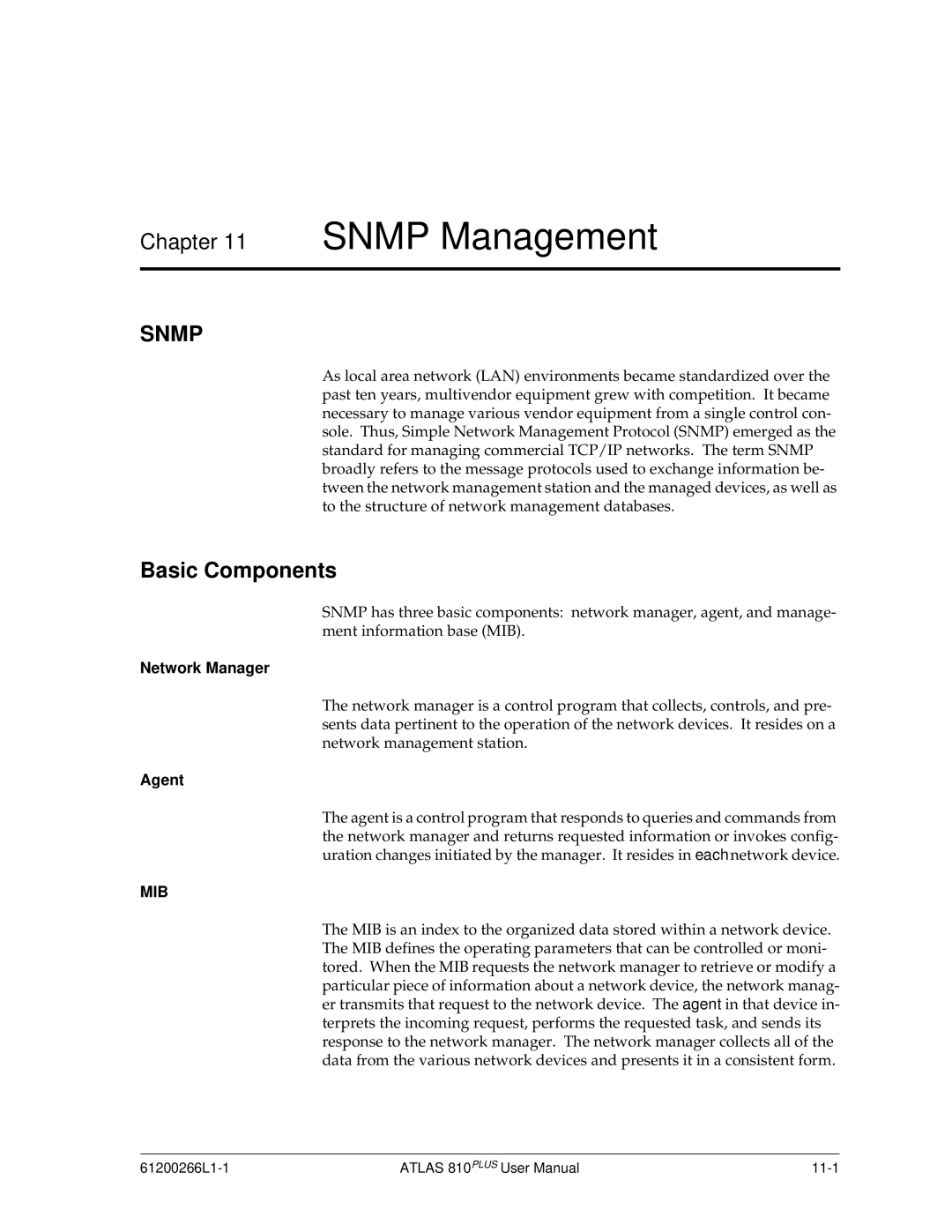 ADTRAN 810 Plus manual Snmp Management, Basic Components, Network Manager, Agent 