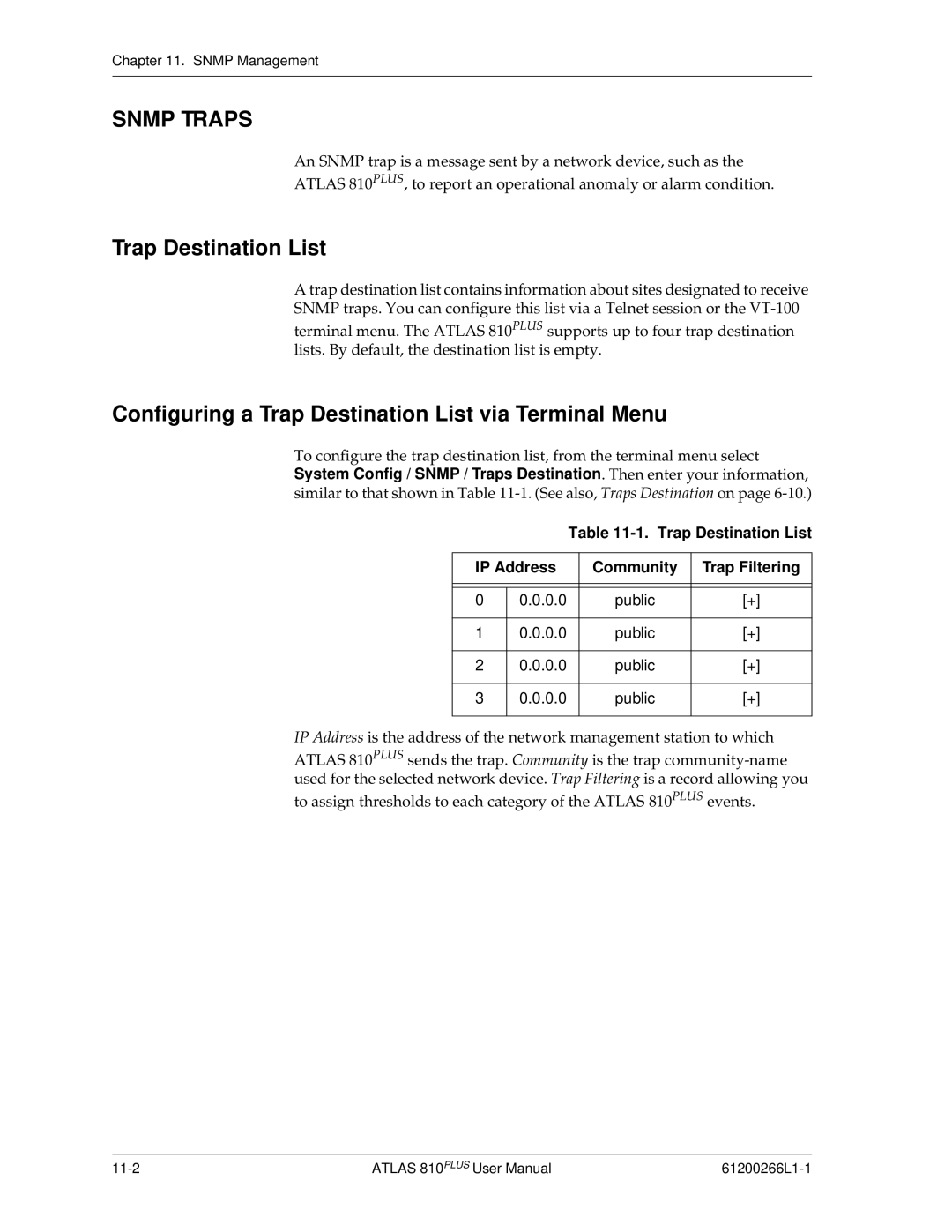 ADTRAN 810 Plus manual Snmp Traps, Configuring a Trap Destination List via Terminal Menu, Public 