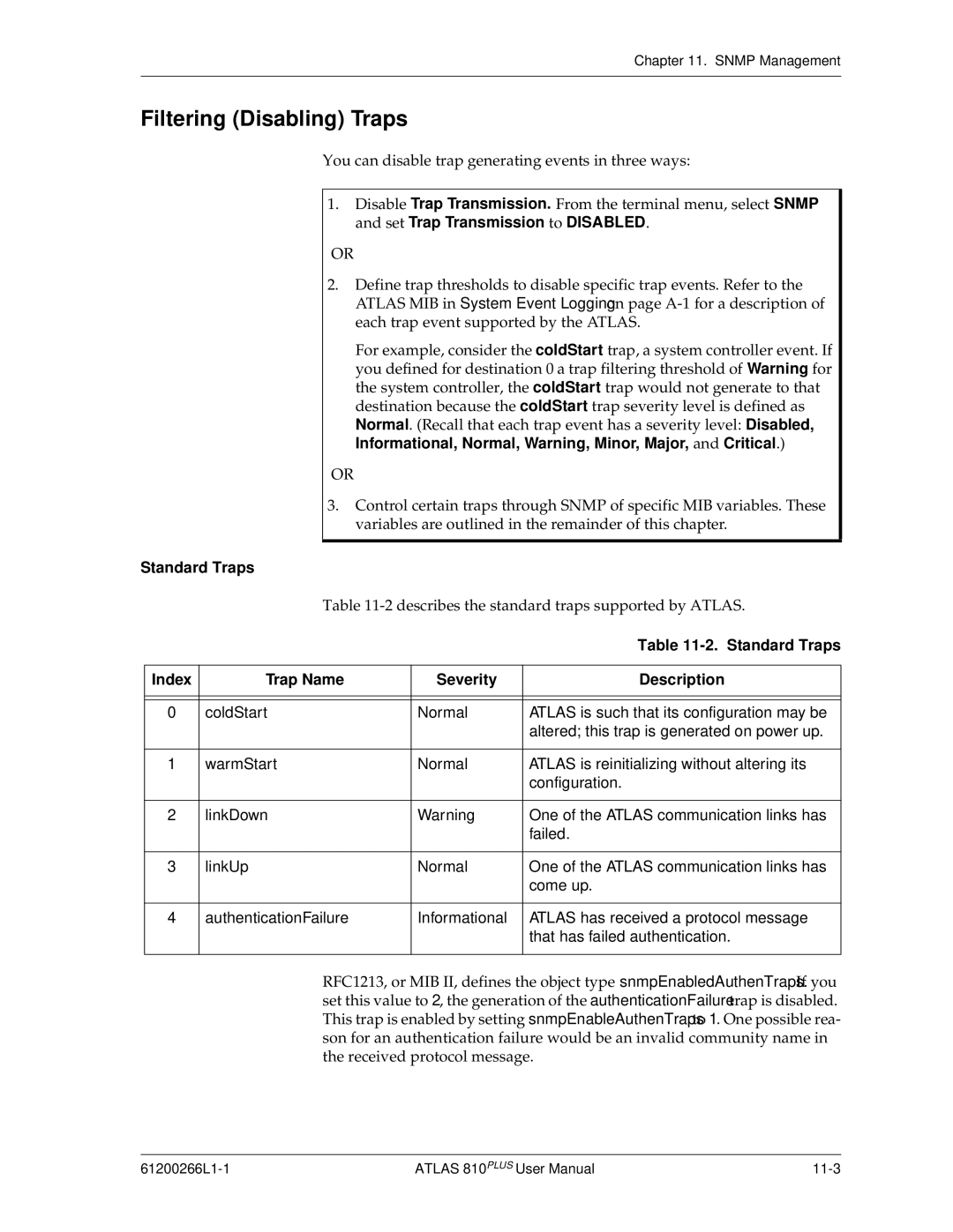 ADTRAN 810 Plus manual Filtering Disabling Traps, Standard Traps, Trap Name Severity Description 