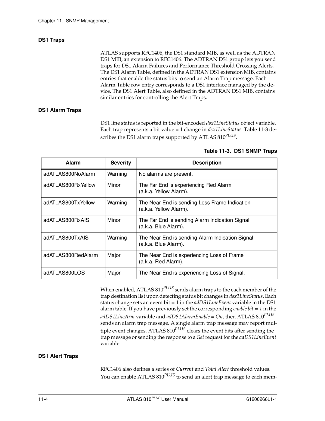 ADTRAN 810 Plus manual DS1 Traps, DS1 Alarm Traps, DS1 Snmp Traps, Alarm Severity Description, DS1 Alert Traps 