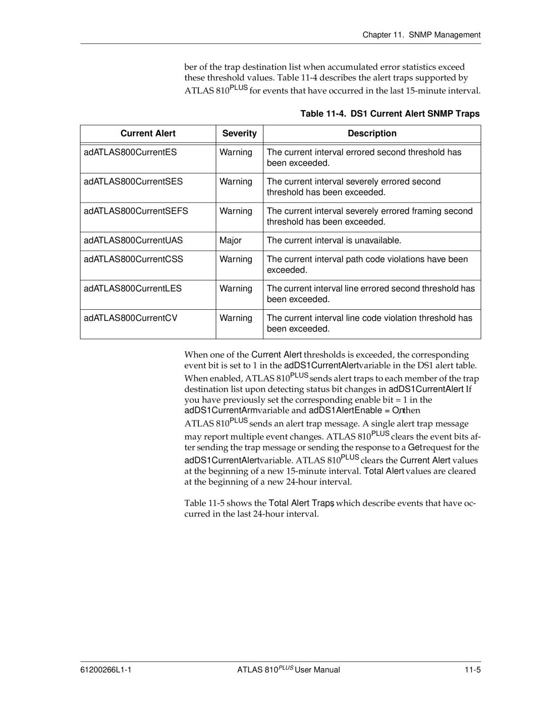 ADTRAN 810 Plus manual DS1 Current Alert Snmp Traps, Current Alert Severity Description 