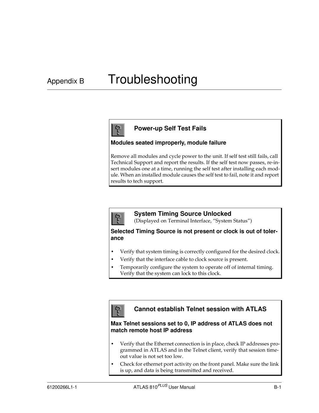 ADTRAN 810 Plus manual Appendix B Troubleshooting, Modules seated improperly, module failure 