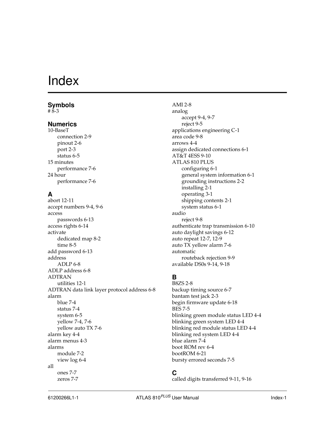 ADTRAN 810 Plus manual Index, Symbols Numerics 