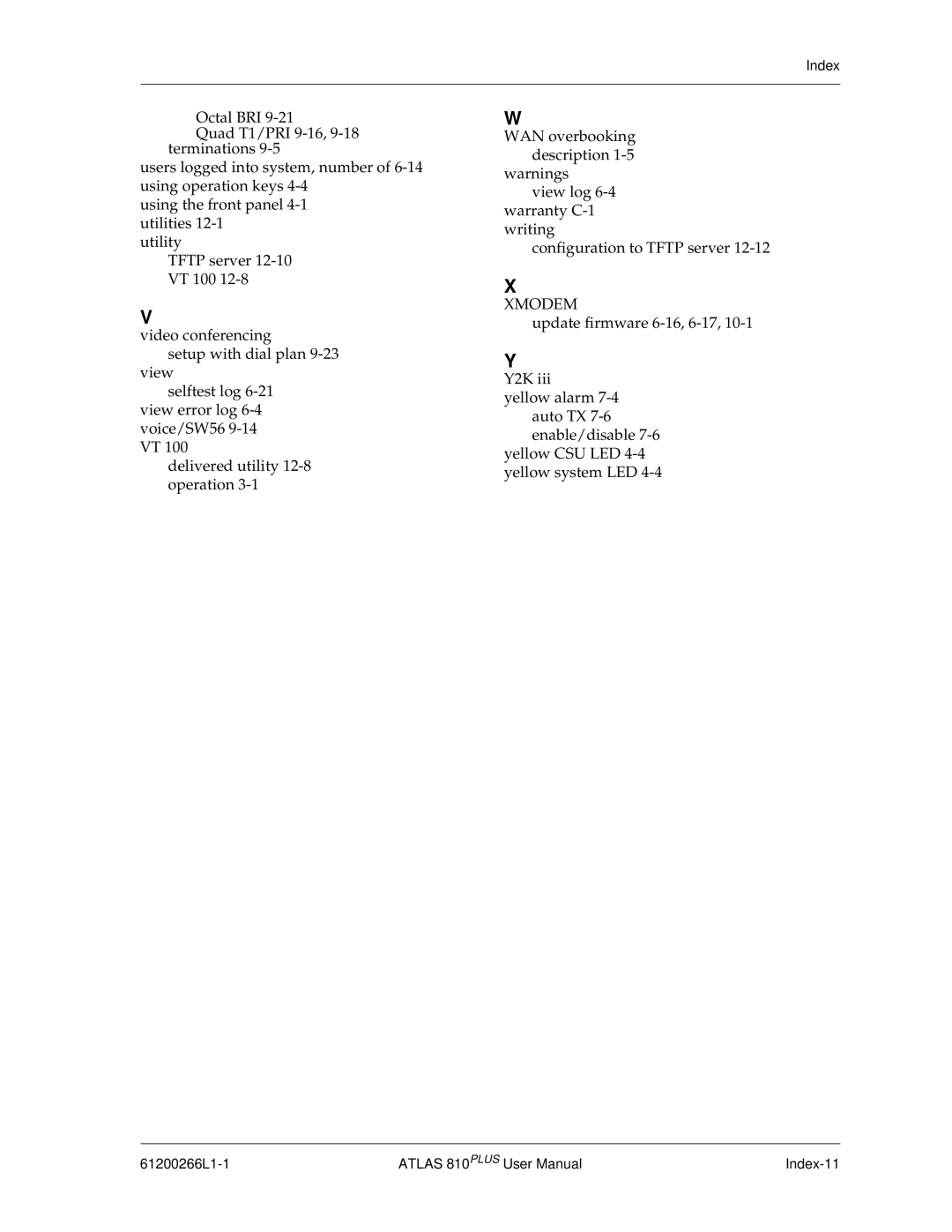 ADTRAN 810 Plus manual 61200266L1-1 Index-11 
