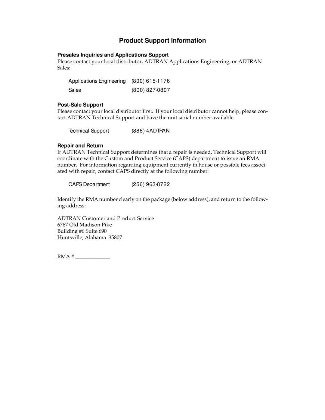 ADTRAN 810 Plus manual Presales Inquiries and Applications Support, Post-Sale Support, Repair and Return 