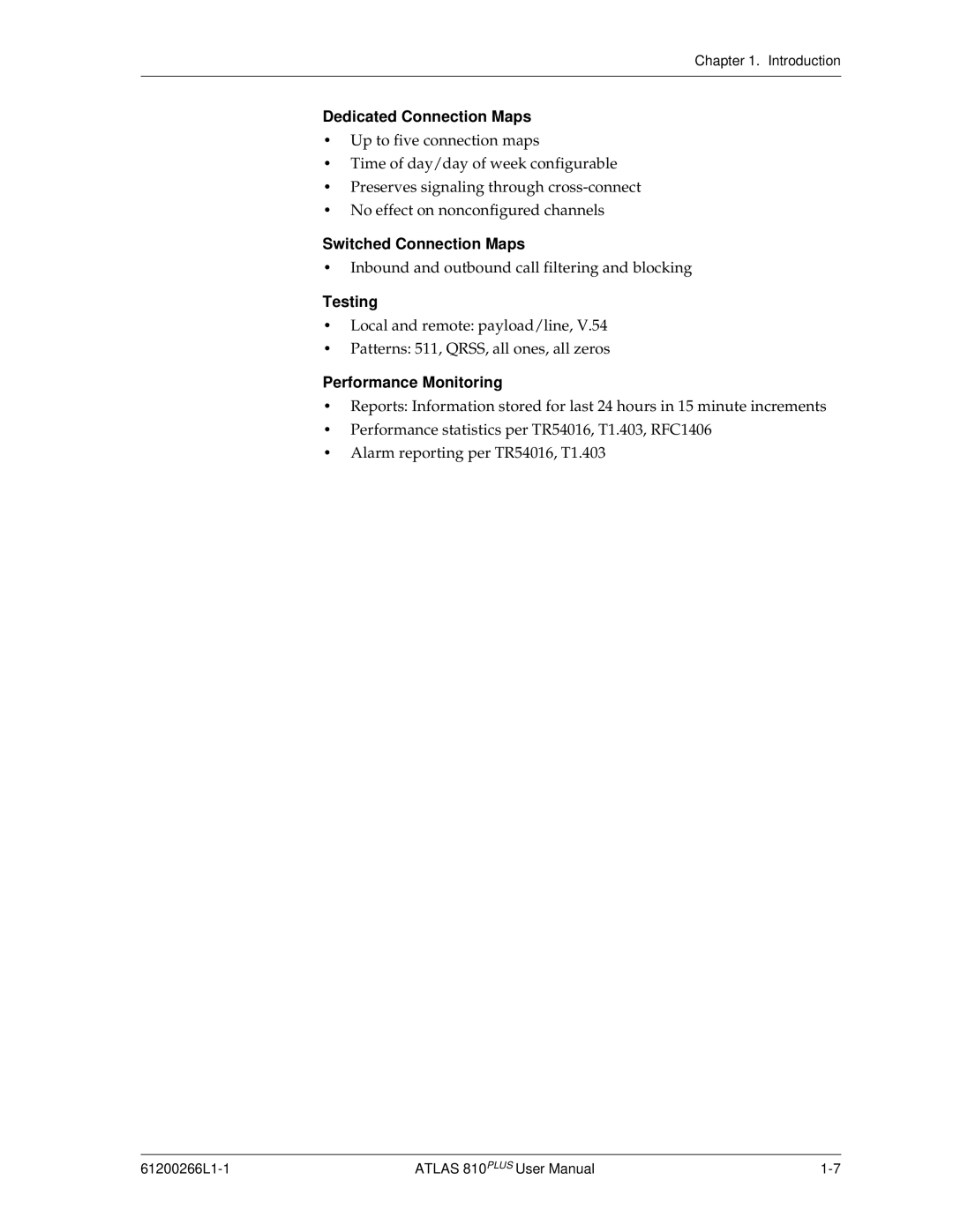 ADTRAN 810 Plus manual Dedicated Connection Maps, Switched Connection Maps, Testing, Performance Monitoring 