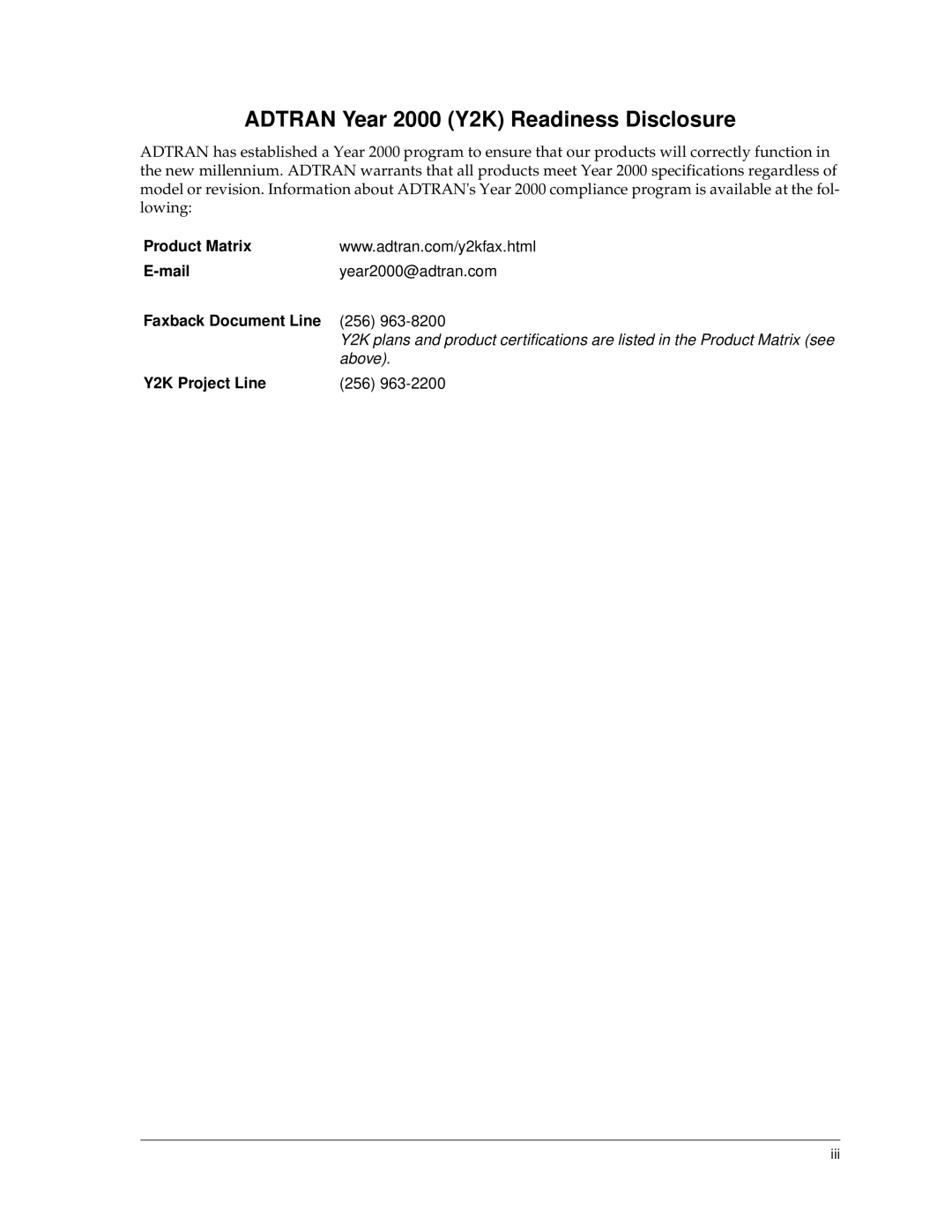 ADTRAN 810 Plus Adtran Year 2000 Y2K Readiness Disclosure, Product Matrix Mail, Faxback Document Line, Y2K Project Line 