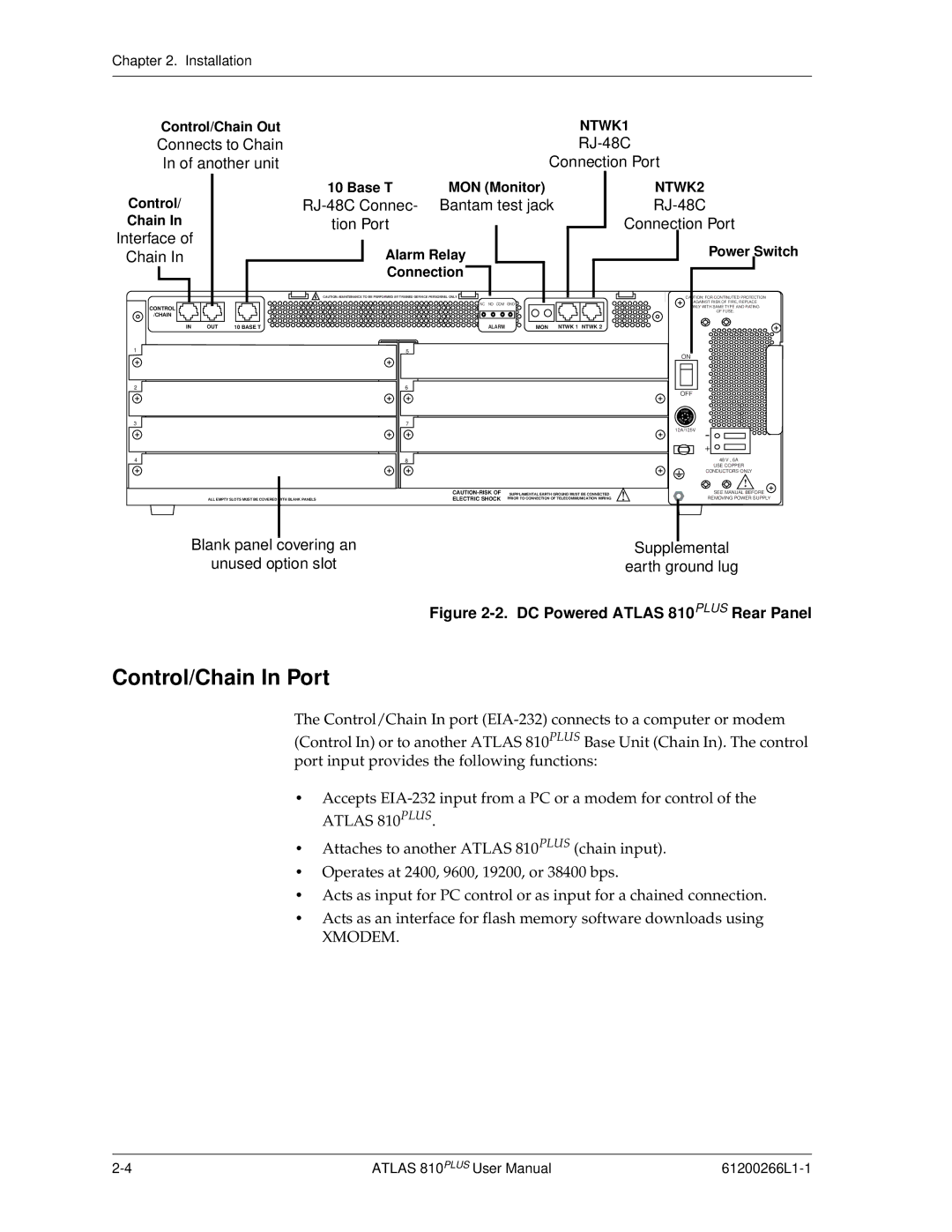 ADTRAN 810 Plus manual Control/Chain In Port, RJ-48C Connec, Tion Port, Blank panel covering an Unused option slot 